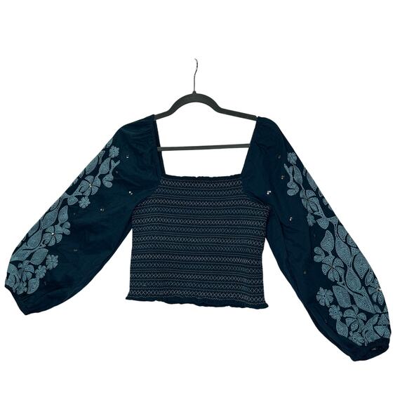 By Anthropologie Smocked Embroidered Floral Top Women’s XS Turquoise Green $98 - Picture 1 of 8